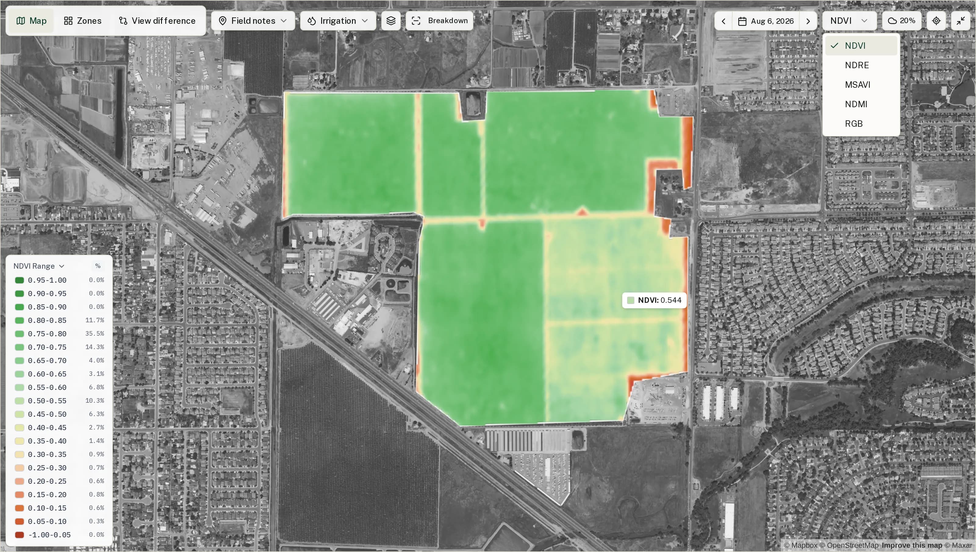 NDVI map showing a weaker block inside an otherwise healthy field, with the index selector open
