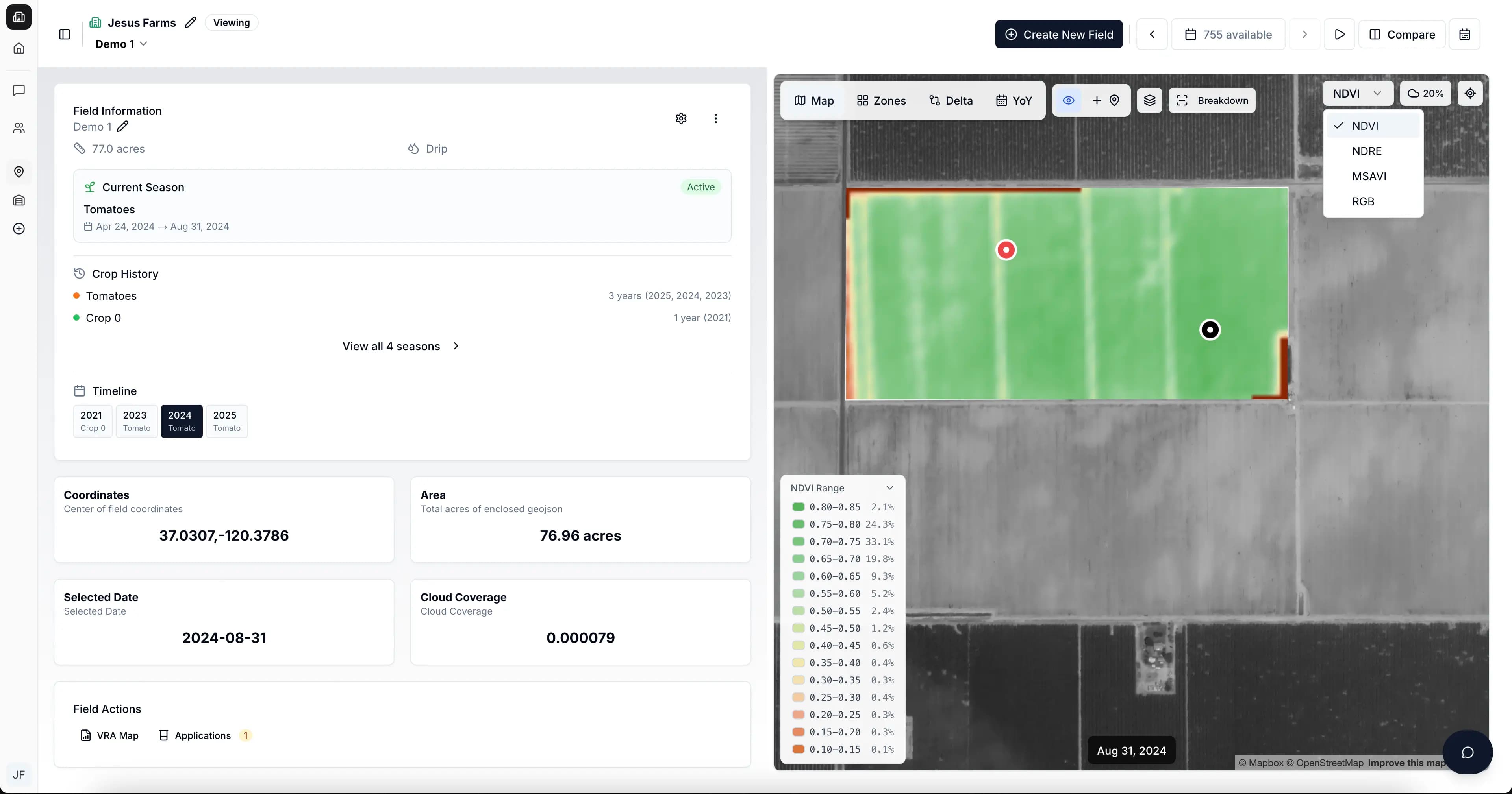 Field with NDVI overlay and algorithm selector