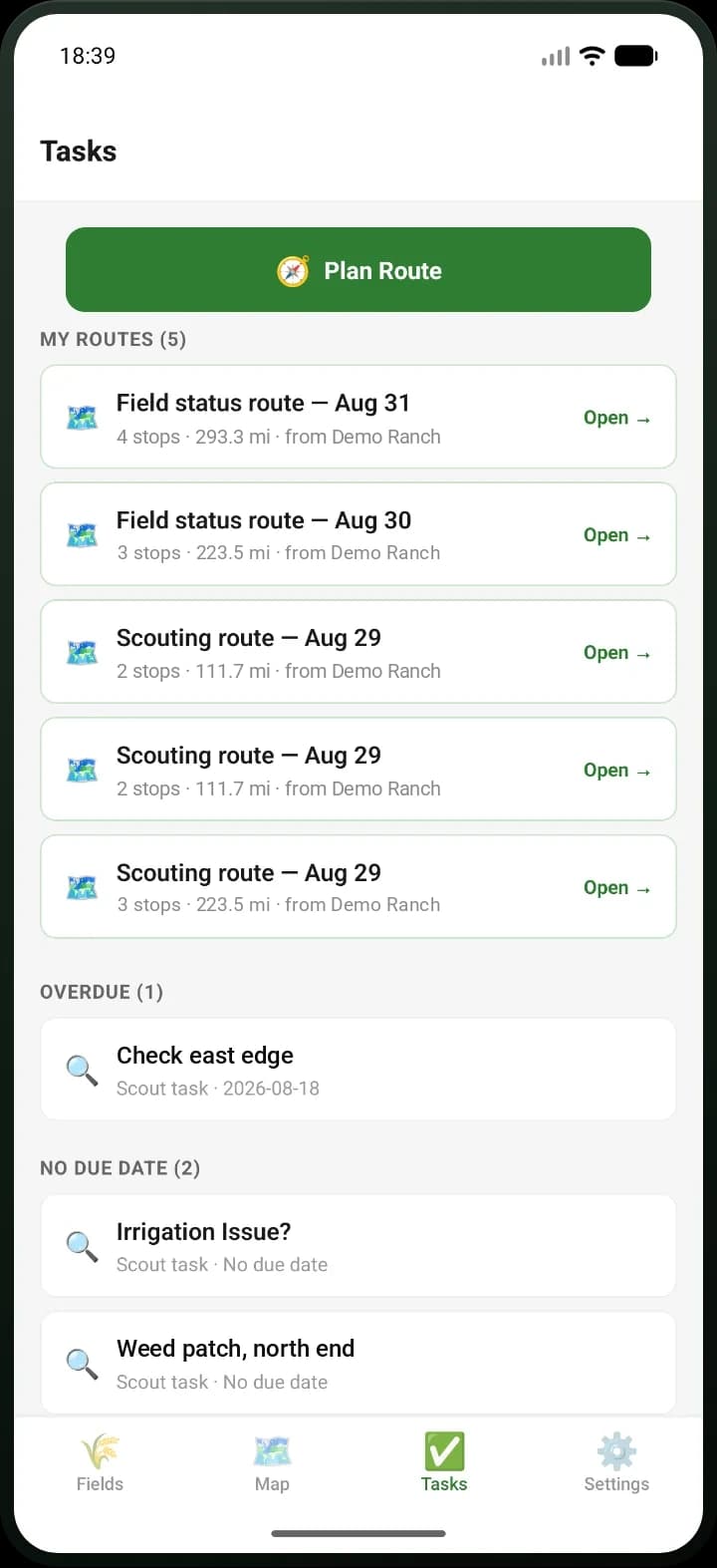 Tasks tab with overdue, due today and upcoming scouting assignments